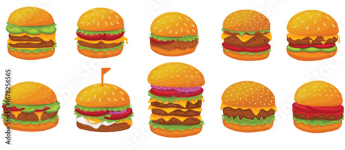 Burger vector set. Set of fast food illustration. Hamburger vector illustration. Fast Food Icons Set. Burger illustration. cheese burger illustration