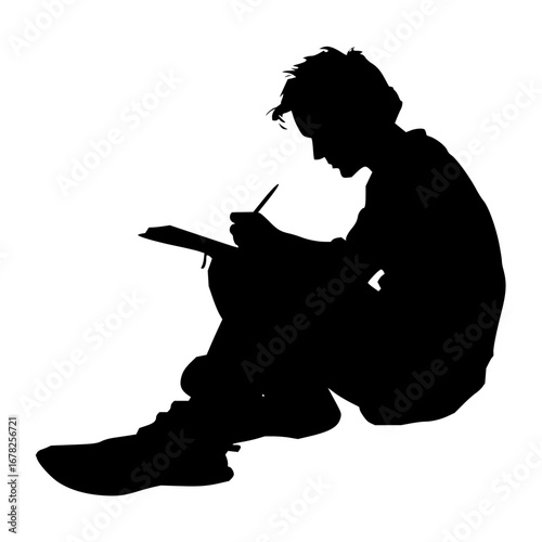 Focused writer creating content, silhouette of thoughtful author penning novel with intense concentration, art