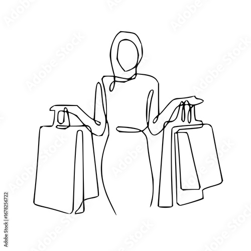 Chic minimalist line art illustration of a Muslim woman enjoying a shopping spree with shopping bags