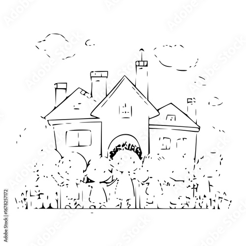 Charming home illustration with family in yard, perfect for real estate marketing and family blog content