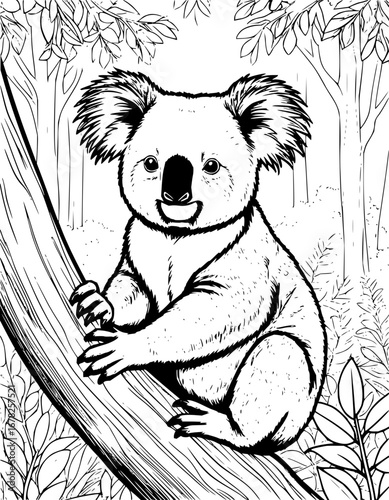 Adorable koala clinging to a tree branch in a tranquil forest, great for coloring books and educational materials