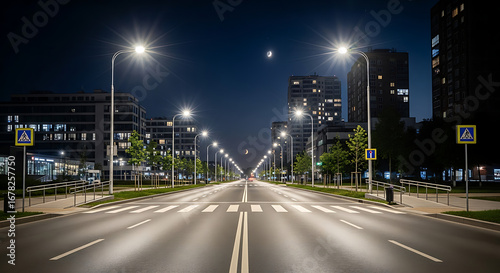Modern city street with bright lights under a night sky and crescent moon for urban development ideas
