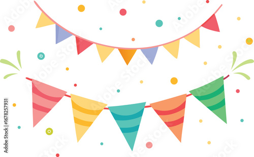 Colorful Party Bunting Banner with Confetti, Festive Decoration on White Background Illustration