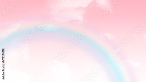 Horizontal background material of refreshing pink sky and flare of clouds and rainbow stock photo