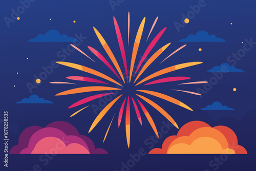 Festive Fireworks Bursting in Night Sky with Clouds and Stars Illustration
