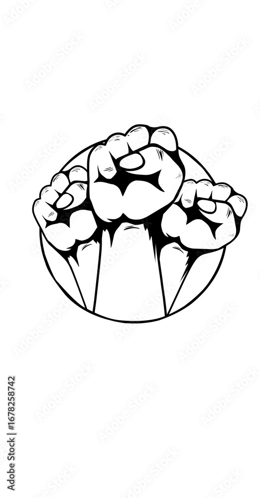 Obraz premium Bold and powerful illustration of three clenched fists symbolizing unity, strength, and resistance. Perfect for activism, protest movements, and motivational designs