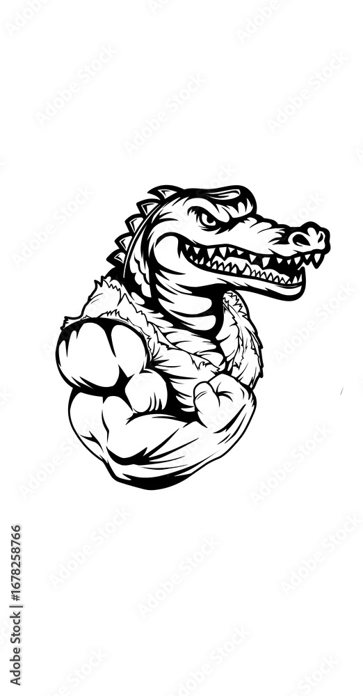 Obraz premium Strong and fierce crocodile mascot with muscular arms in a bold black and white style. Ideal for sports teams, gym logos, and powerful branding