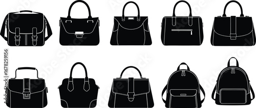 Vector collection of stylish handbag and backpack silhouettes, including briefcase, purse, tote, and fashion accessory icons design