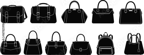 Vector set of various handbag silhouettes, including briefcase, shoulder bag, backpack, tote, purse, and fashion accessory icons.