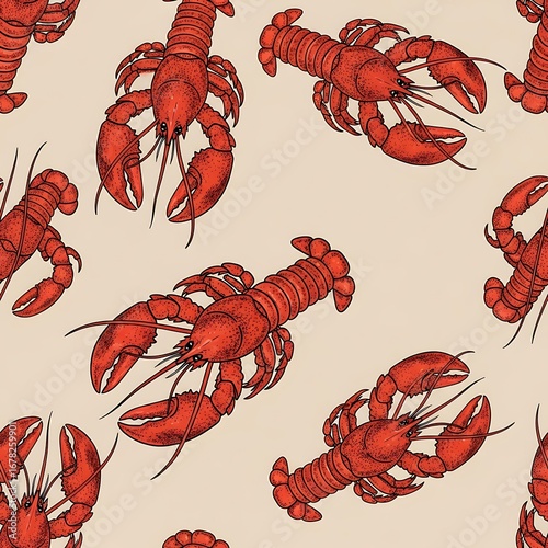Seamless Pattern of Red Lobsters on Beige Background.