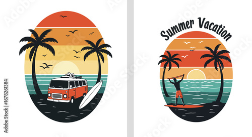 Retro Summer Vacation Designs Beach Sunset Palm Trees