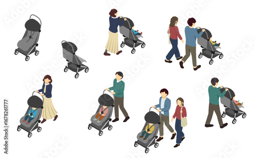 アイソメトリックイラスト：ベビーカーに乗った子供とお父さんとお母さん