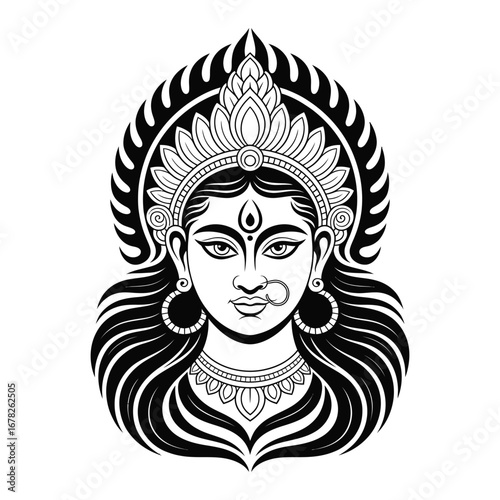 Intricate black and white line art depicting goddess durga's serene face and elaborate headdress
