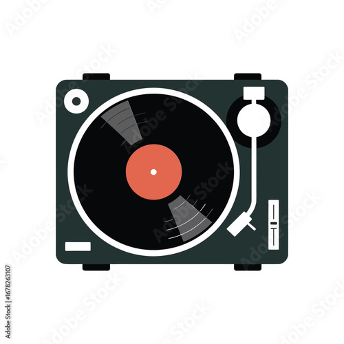 Retro turntable record player spinning vinyl disc for classic music listening experience