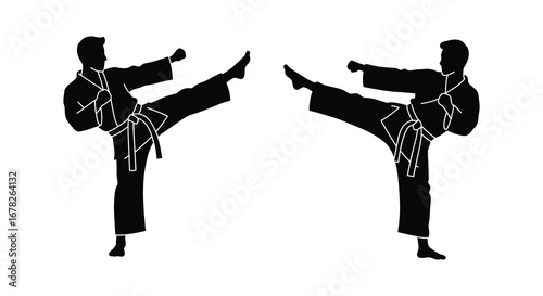 Martial Arts Silhouette Two Figures High Kick