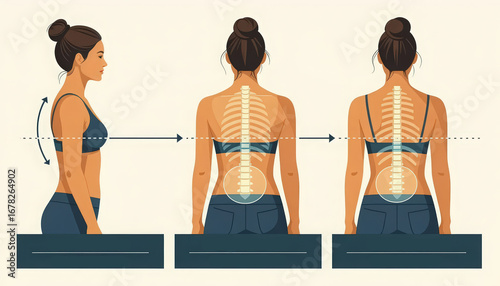 Three side-view skeletons with psoas and spinal curves highlighted to compare anterior, neutral, and posterior pelvic tilt. Designed for posture education and exercise prescription.