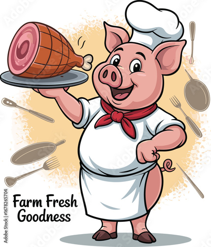 Cute cartoon pig chef holding ham, farm fresh meat illustration, funny butcher mascot, food advertising, pork logo, restaurant branding