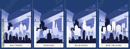 USA cities poster pack with skylines, landmarks of Baltimore, Madison, Milwaukee, New Orleans. Vector illustration set. US travel handbooks, brochures, flyers set