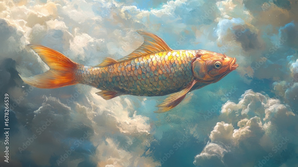 Naklejka premium Golden fish soaring through ethereal clouds