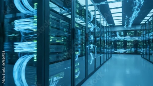 A server room with rows of computer racks and blue fiber optic cables.