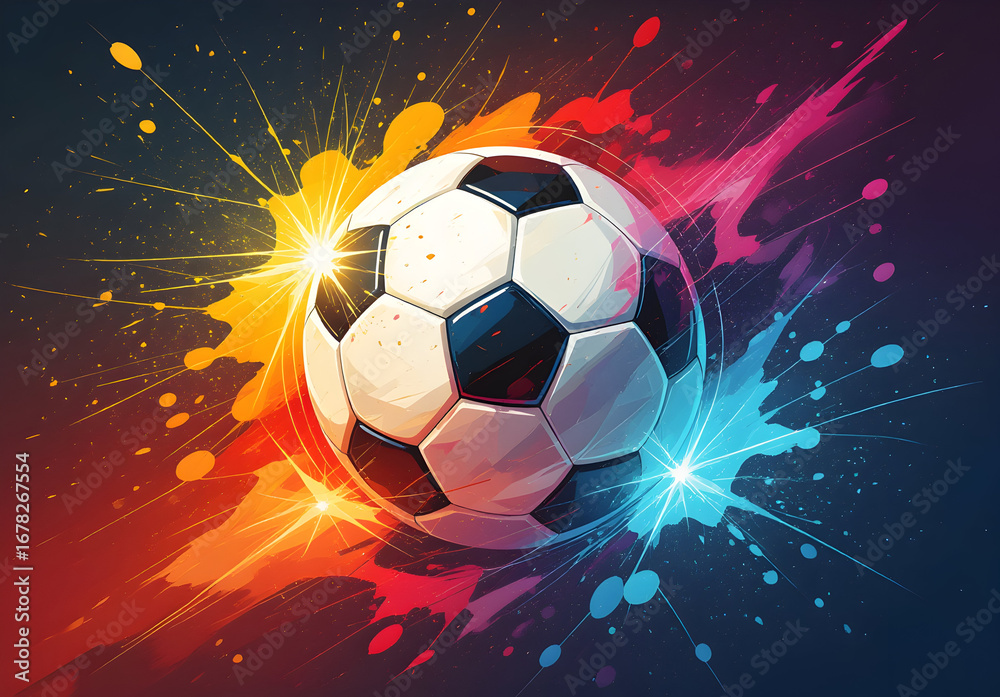 Naklejka premium Vibrant exploding soccer ball with colorful paint splashes and dynamic light effects on a dark background