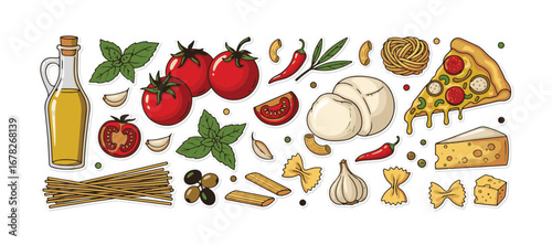 A comprehensive collection of Italian food ingredients. Cartoon doodle stickers featuring traditional items such as olive oil, tomatoes, mozzarella, pizza, cheese, and pasta. Vector illustration.

