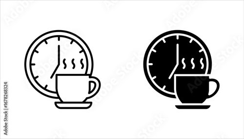Coffee time icon set, Hot coffee cup and time symbol for take a break. Morning breakfast beverage. vector illustration on white background