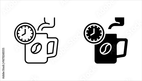 Coffee time icon set, Hot coffee cup and time symbol for take a break. Morning breakfast beverage. vector illustration on white background