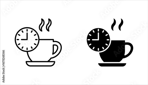 Coffee time icon set, Hot coffee cup and time symbol for take a break. Morning breakfast beverage. vector illustration on white background