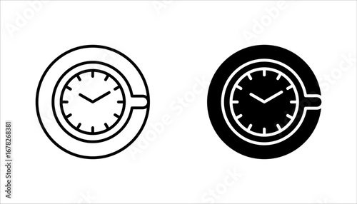 Coffee time icon set, Hot coffee cup and time symbol for take a break. Morning breakfast beverage. vector illustration on white background