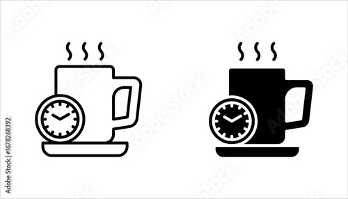 Coffee time icon set, Hot coffee cup and time symbol for take a break. Morning breakfast beverage. vector illustration on white background