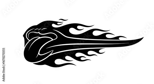 A dynamic black and white graphic of a stylized sports ball engulfed in tribal-style flames, suggesting speed and power.