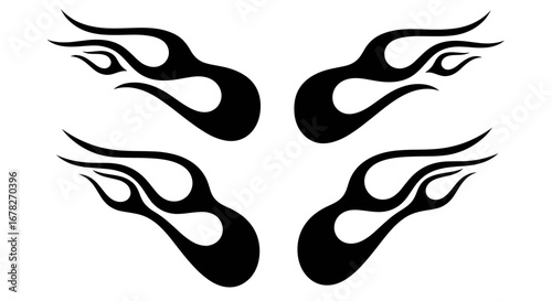 Four stylized black flame graphics, suitable for decals or tattoos.