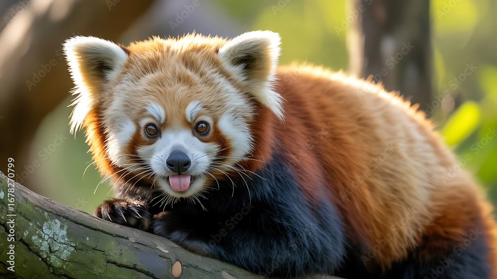 Fototapeta premium A Charming Red Panda Poses Cutely Sticking its Tongue out While Perched upon a Mossy Branch on a Sunny Day