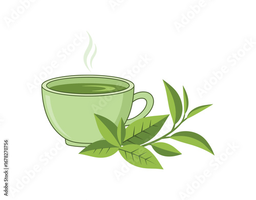 Vector illustration of green tea in a cup alongside green leaves, presented in a flat design and isolated on a white background.
