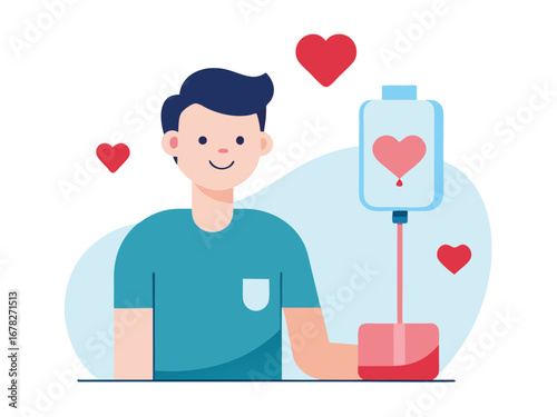 Vector art of man donating blood with a blood bag and heart shapes