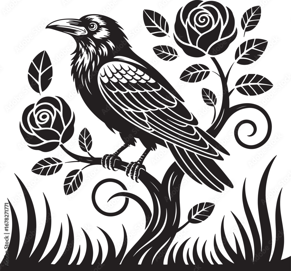 Naklejka premium Black silhouette of a raven perched on a rose bush with grass crow bird