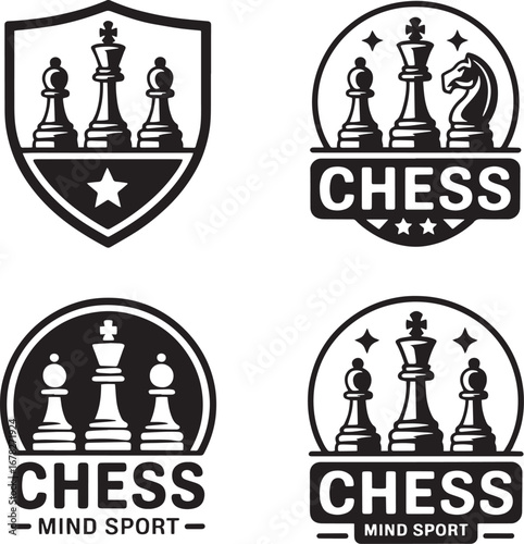 Chess Emblem Set With Kings Queens Knights Pawns And Stars sport game