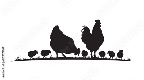 Silhouette vector of a chicken family grazing.
