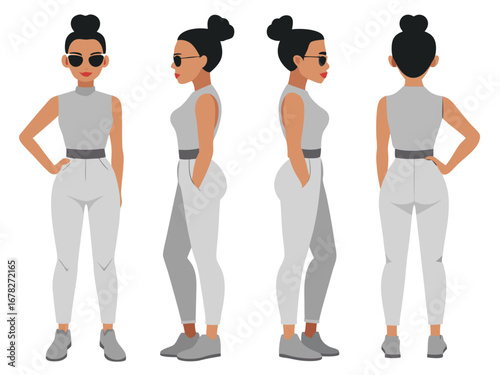 Vector art of fashionable woman in various poses and views