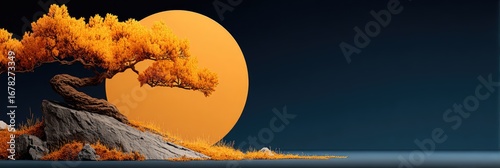 Golden bonsai tree against a large orange orb, positioned on a rock outcropping, with a dark background