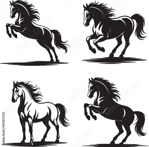 Four Stylized Horse Silhouettes in Dynamic Poses horses black and white