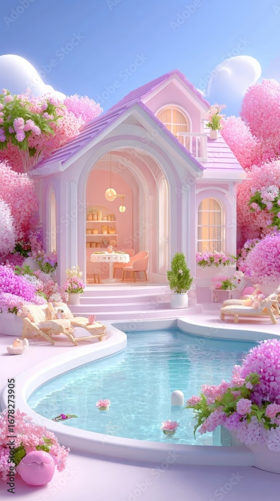 Fototapeta premium Dreamy Pastel Pink House by the Pool