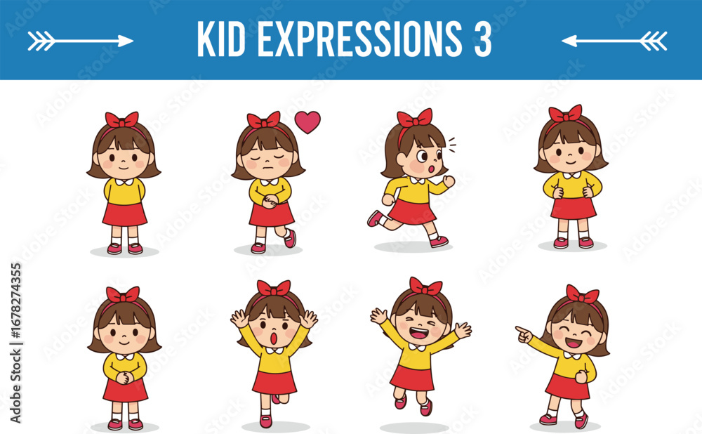 Fototapeta premium Cute girl expressions set, cartoon character emotions, happy child illustration, different poses artwork, kids emotions design, playful childhood character artwork