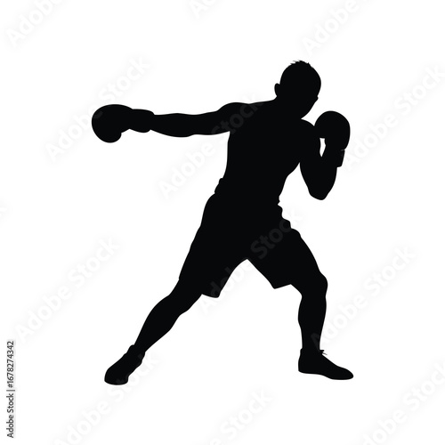 Boxer silhouette practicing a jab and guard, isolated on white background, boxer throwing cross punch silhouette vector illustration