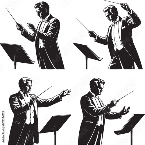 Orchestra Conductor Silhouette in Tuxedo Leading Music Performance concert