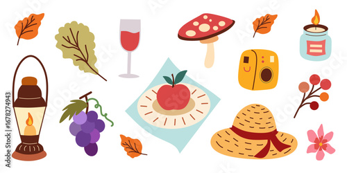 Autumn vector elements set. Cozy fall stickers. Leaves, mushroom ,flowers, hat, grape, candle, drink, lamp, maple. The inscription hello fall. Isolated background. Illustration in the cartoon style.