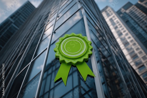 Green certificate or badge floating above corporate building, environmental achievement, sustainability recognition, carbon offset success, perfect for carbon neutral concept.