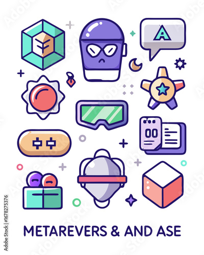 High-end vector metaverse and VR/AR icon pack, flat futuristic minimal line style, 100+ icons in a sheet, transparent PNG background, perfect for gaming, social apps, and Web3 projects.