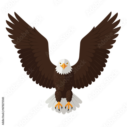 A majestic bald eagle in a striking flat 2D vector illustration, depicted front-facing with its powerful wings wide open, isolated against a clean white background.